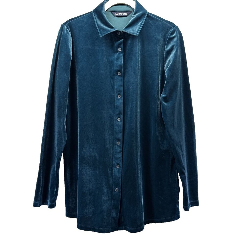 Lands End Women's Velvet Top Blouse Sz XS Solid Teal Thick Long Sleeve Button Up